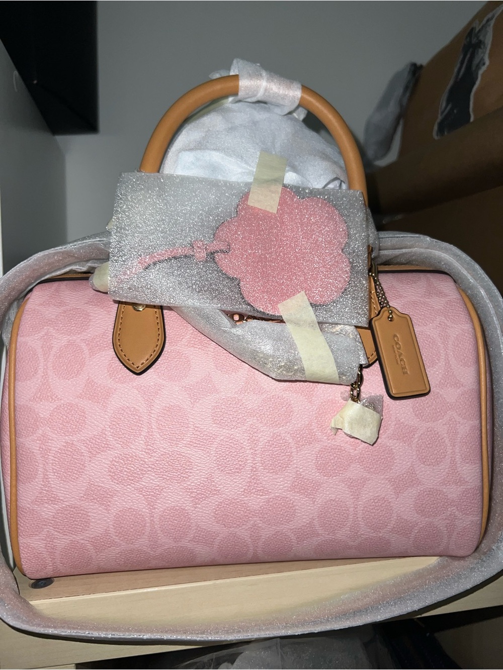 Coach Pink Signature Satchel with Tan Leather Trim